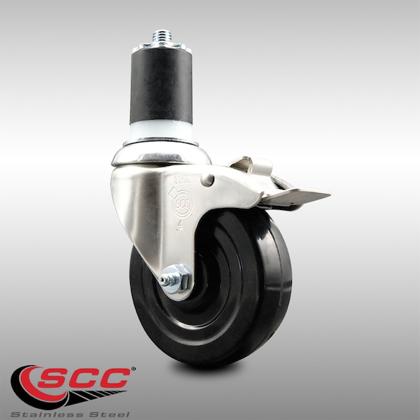 4 Inch 316SS Hard Rubber Swivel 1-3/4 Inch Expanding Stem Caster Lock Brake SCC